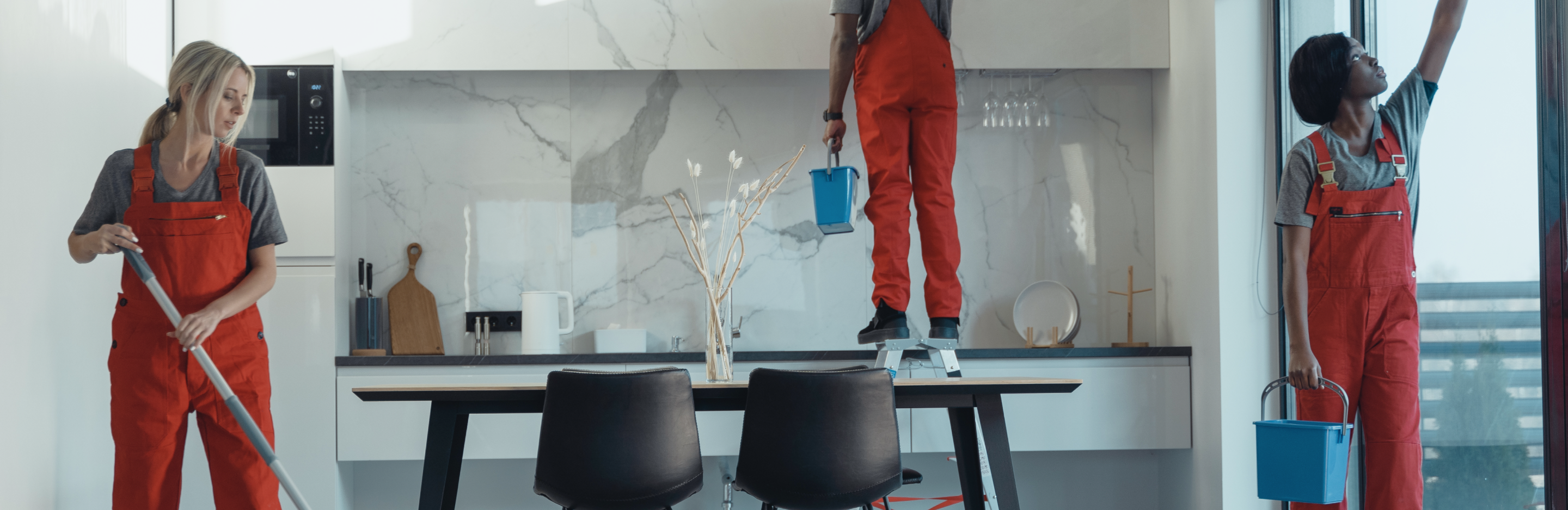 group of cleaners in luxury home